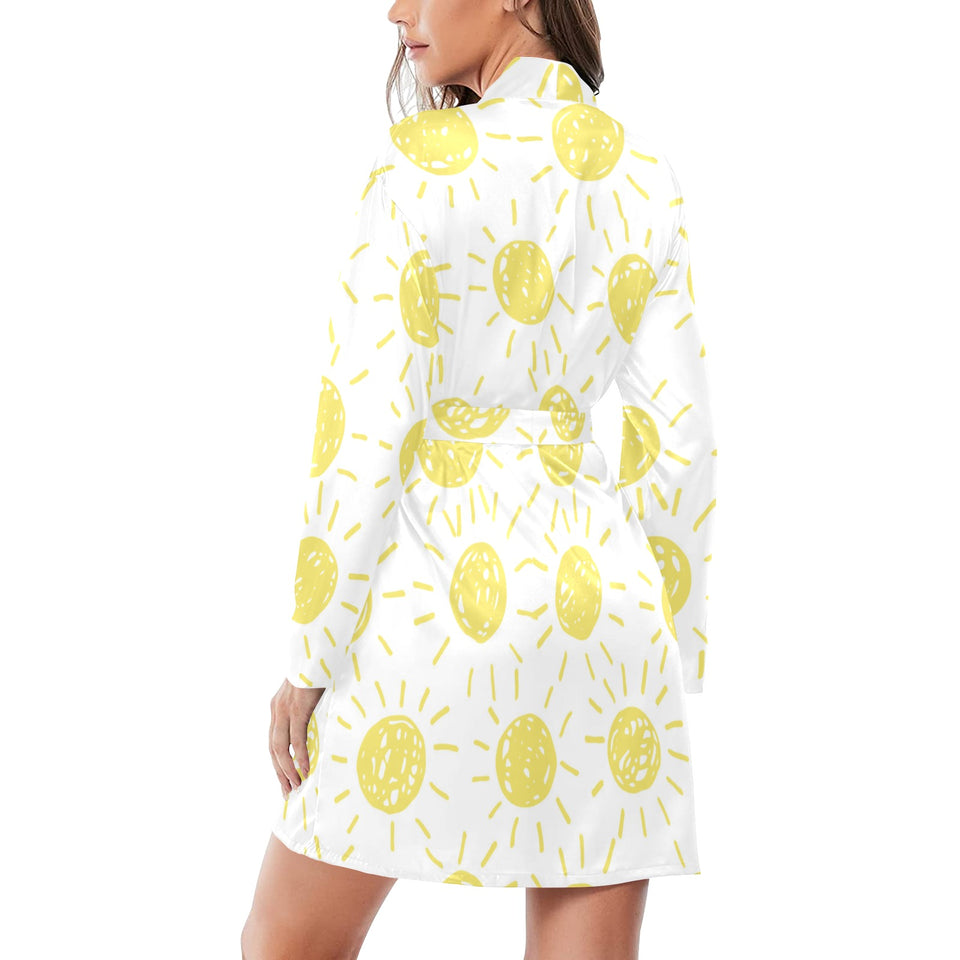 hand drawn sun pattern Women's Long Sleeve Belted Night Robe