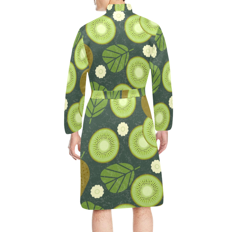 Whole sliced kiwi leave and flower Men's Long Sleeve Belted Night Robe
