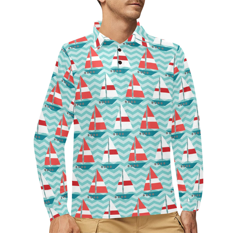 Red White sailboat wave background Men's Long Sleeve Polo Shirt