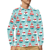 Red White sailboat wave background Men's Long Sleeve Polo Shirt