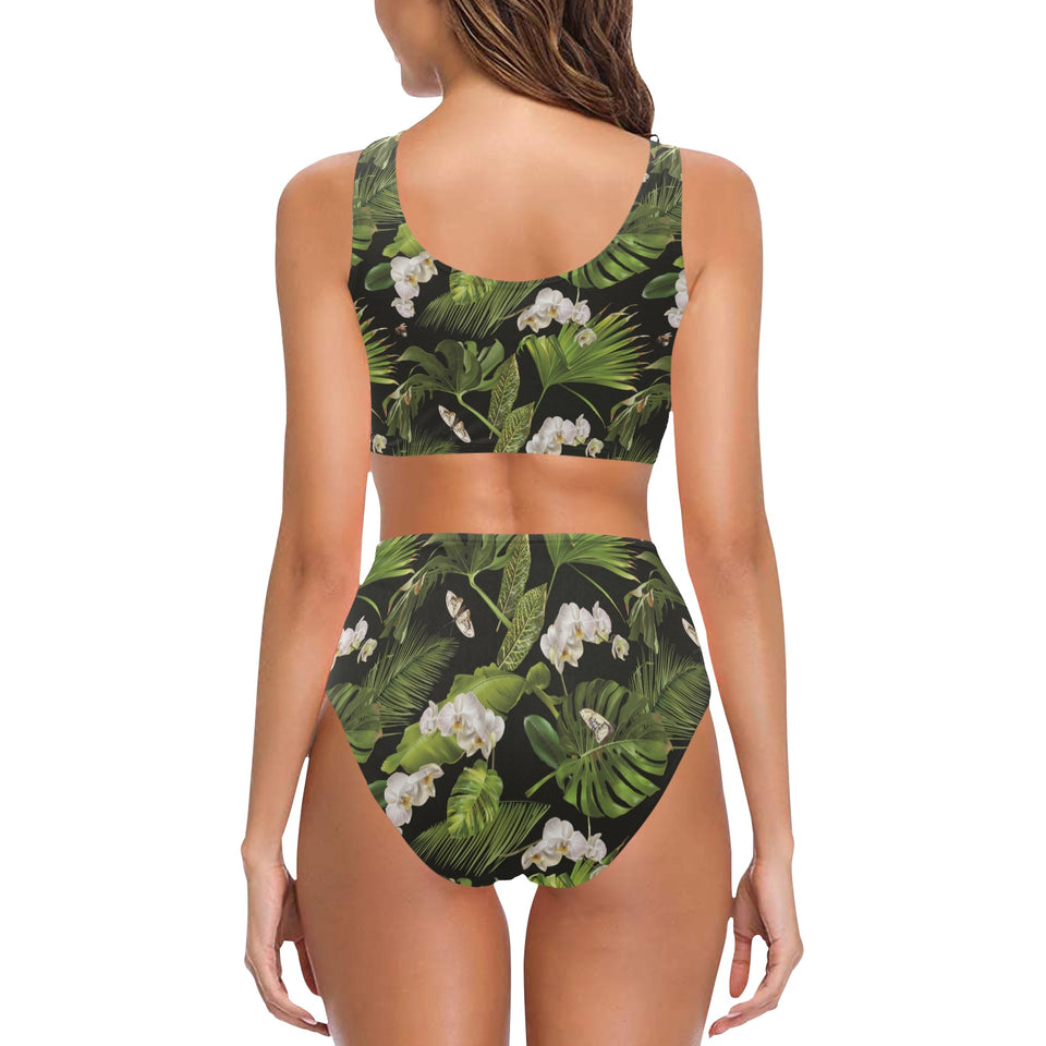 White orchid flower tropical leaves pattern blackg Chest Bowknot High Waisted Bikini Swimsuit