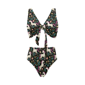 Unicorns forest background Chest Bowknot High Waisted Bikini Swimsuit