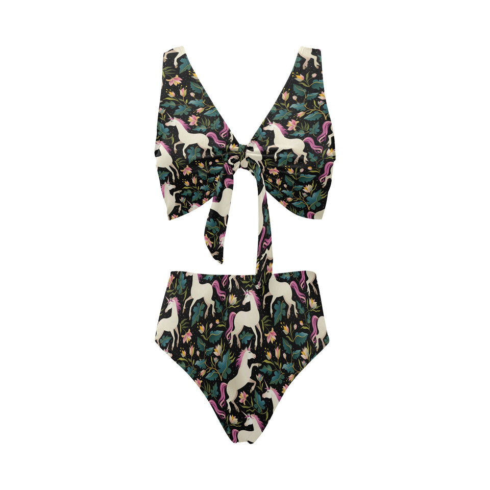 Unicorns forest background Chest Bowknot High Waisted Bikini Swimsuit
