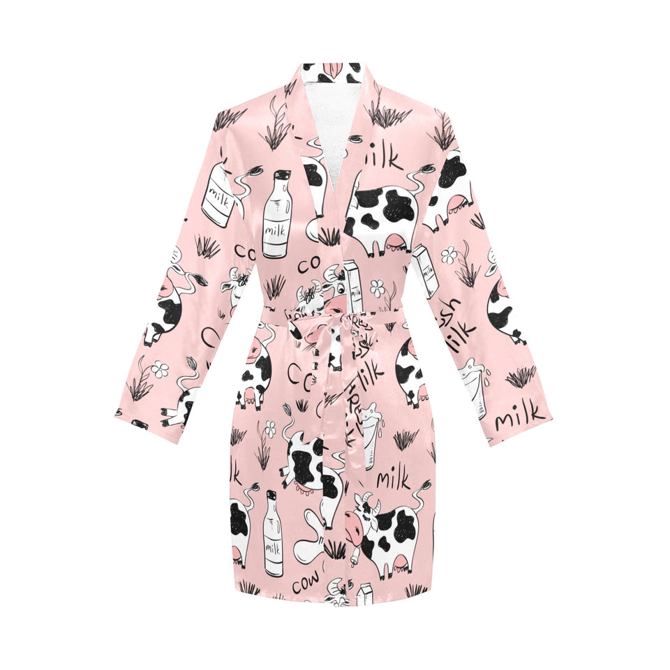 Cows milk product pink background Women's Long Sleeve Belted Night Robe
