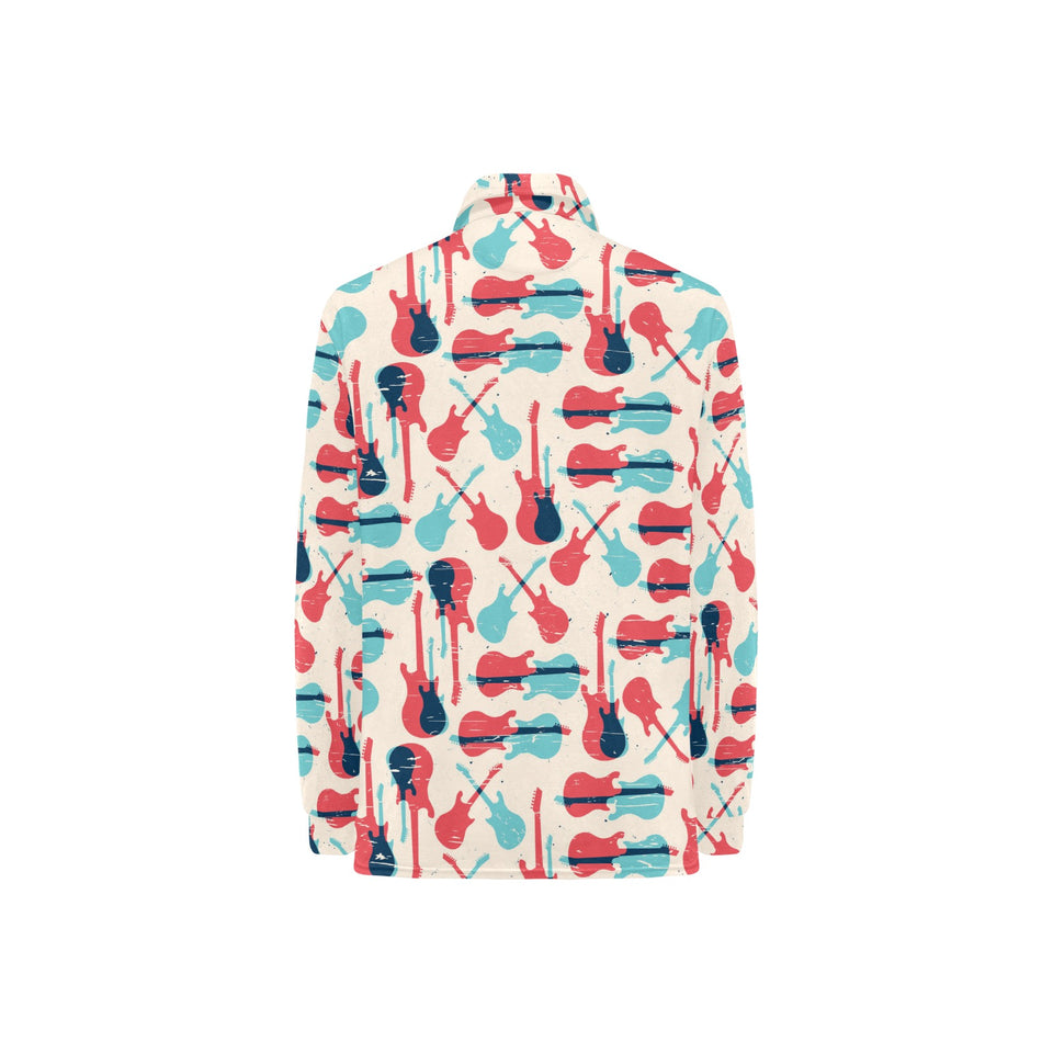 Red Blue guitar pattern Women's Long Sleeve Polo Shirt