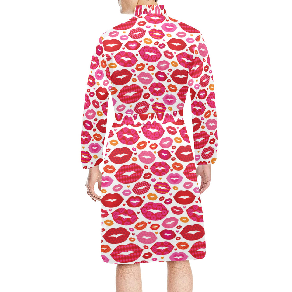 Lips Pattern Print Design 01 Men's Long Sleeve Belted Night Robe