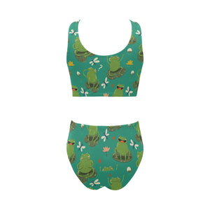 Cute frog dragonfly design pattern Chest Bowknot High Waisted Bikini Swimsuit