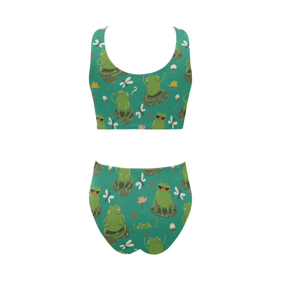 Cute frog dragonfly design pattern Chest Bowknot High Waisted Bikini Swimsuit