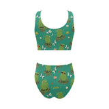 Cute frog dragonfly design pattern Chest Bowknot High Waisted Bikini Swimsuit