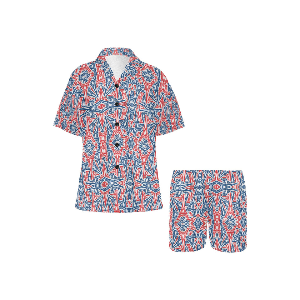 Blue Red Eiffel Tower Pattern Print Design 02 Women's V-Neck Short Pajama Set