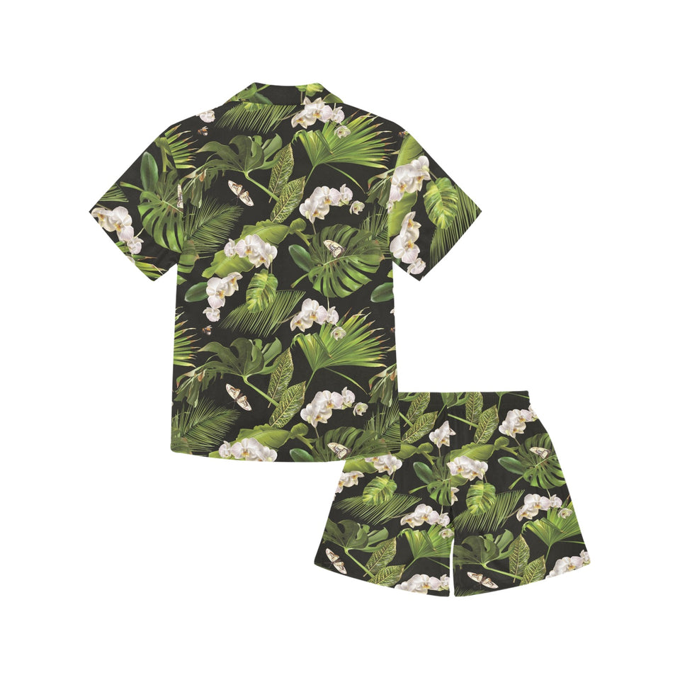 White orchid flower tropical leaves pattern blackg Kids' Boys' Girls' V-Neck Short Pajama Set