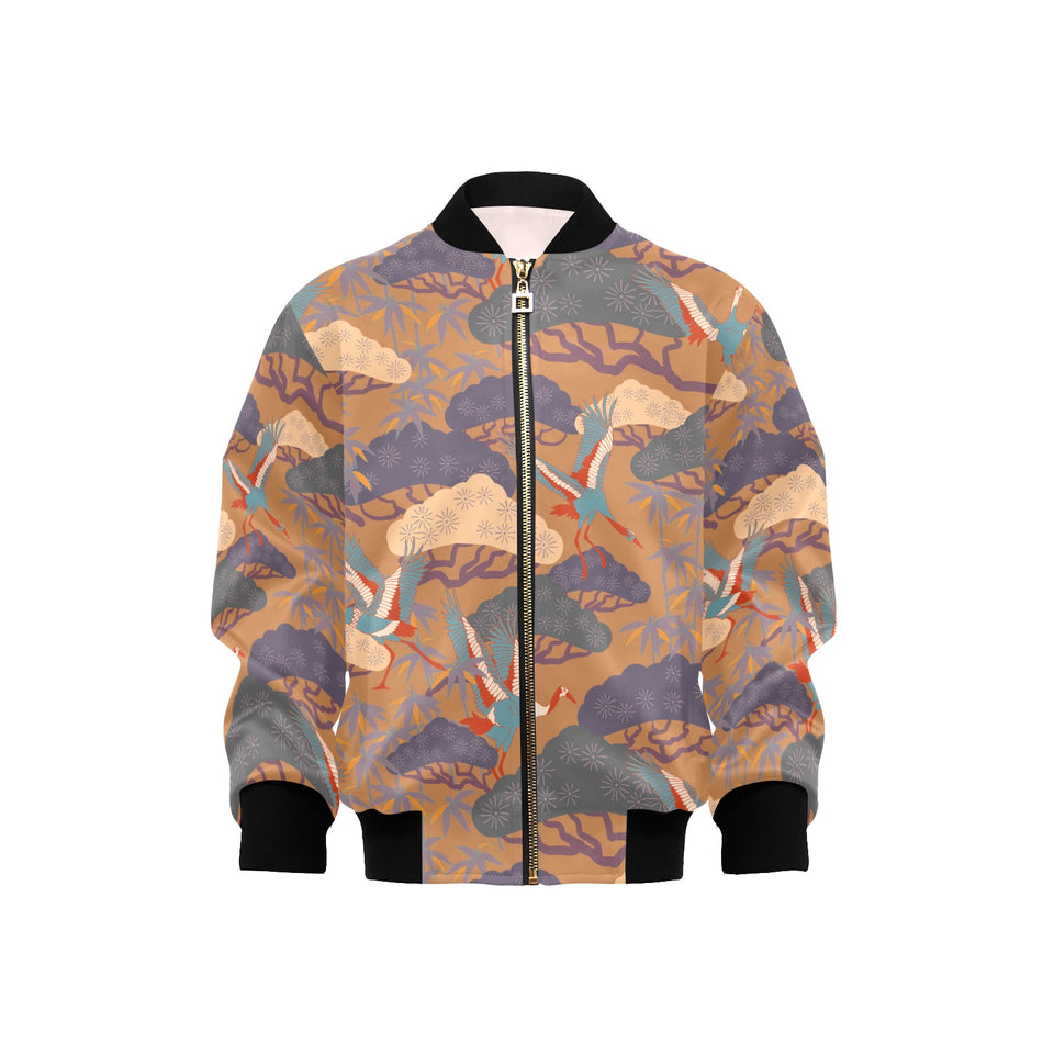 Bonsai bamboo stork japanese pattern brown theme Kids' Boys' Girls' Bomber Jacket