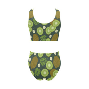 Whole sliced kiwi leave and flower Chest Bowknot High Waisted Bikini Swimsuit