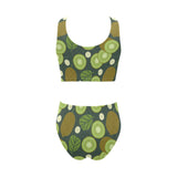 Whole sliced kiwi leave and flower Chest Bowknot High Waisted Bikini Swimsuit