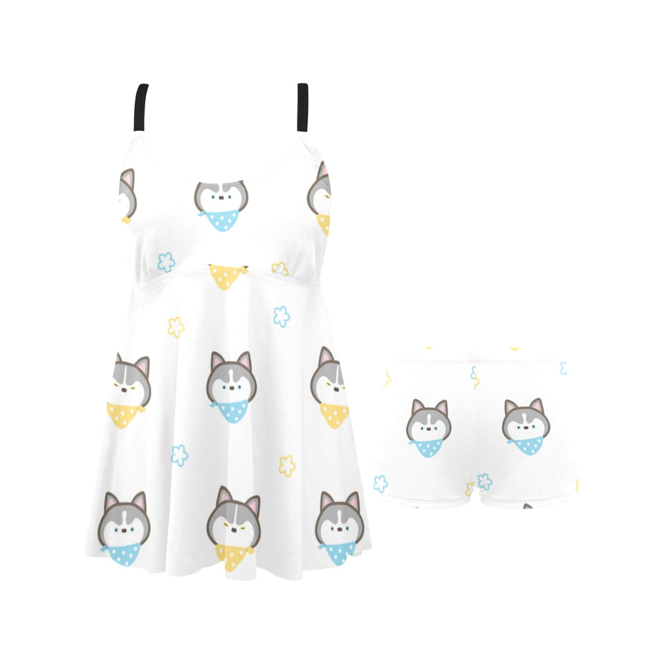 Cute Siberian Husky pattern Chest Sexy Pleated Two Piece Swim Dress