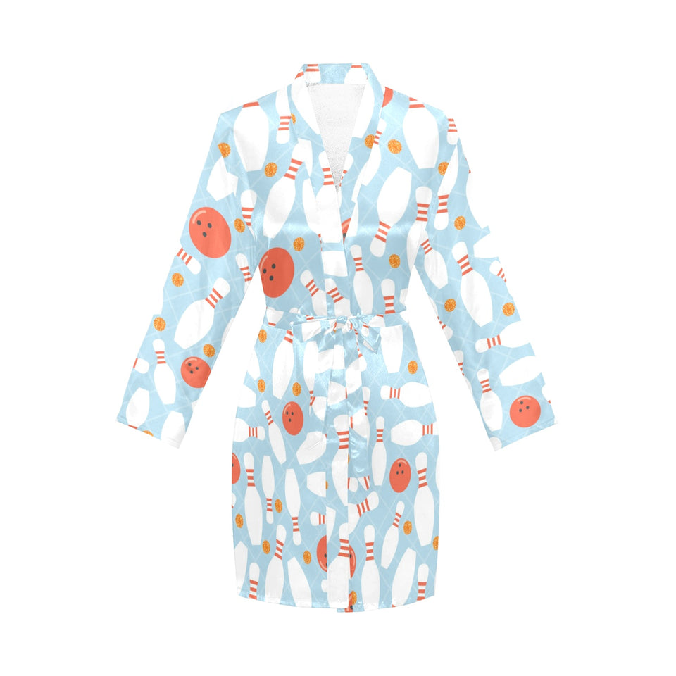 Bowling ball bowling pins blue blackground Women's Long Sleeve Belted Night Robe
