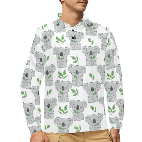 Hand drawn Koala leaves pattern Men's Long Sleeve Polo Shirt