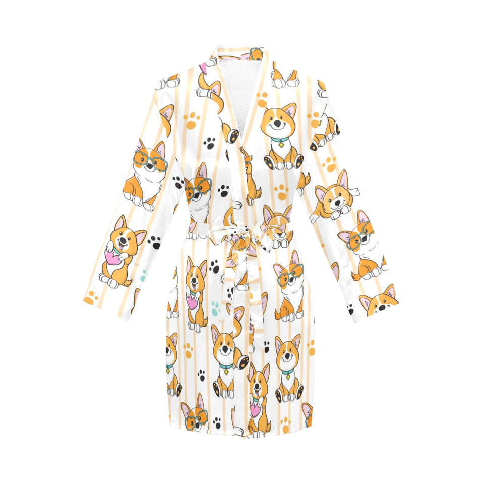 Cute dog corgi striped background pattern Women's Long Sleeve Belted Night Robe