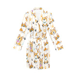 Cute dog corgi striped background pattern Women's Long Sleeve Belted Night Robe