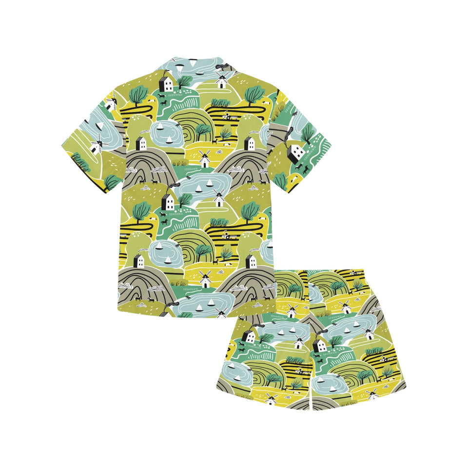 Hand drawn windmill pattern Kids' Boys' Girls' V-Neck Short Pajama Set