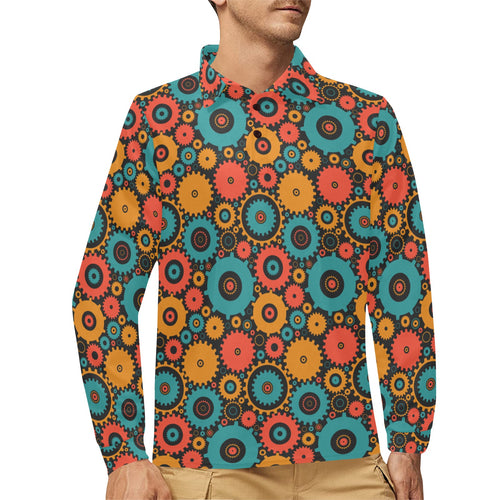 Gear Pattern Print Design 01 Men's Long Sleeve Polo Shirt