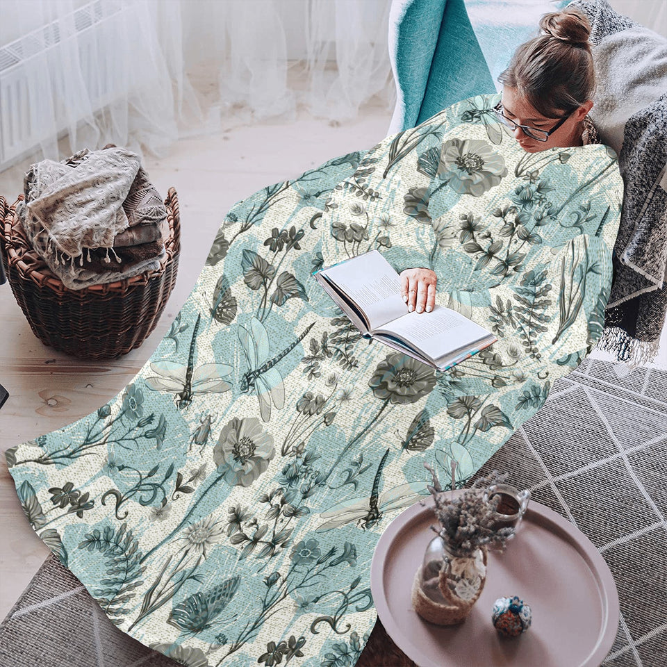 Dragonfly Butterfly Plants insect flower vintage s Blanket Robe with Sleeves