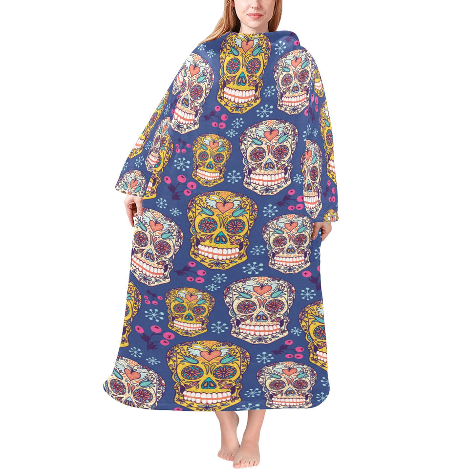 Sugar skull flower pattern Blanket Robe with Sleeves