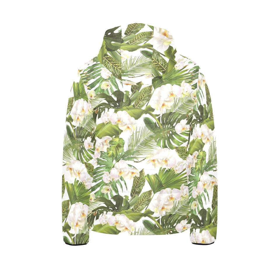 White orchid flower tropical leaves pattern Kids' Boys' Girls' Padded Hooded Jacket