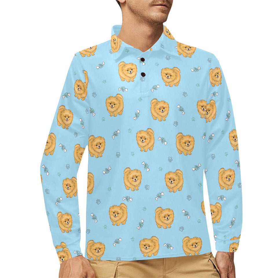 Brown cute pomeranian blue blackground Men's Long Sleeve Polo Shirt
