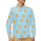 Brown cute pomeranian blue blackground Men's Long Sleeve Polo Shirt