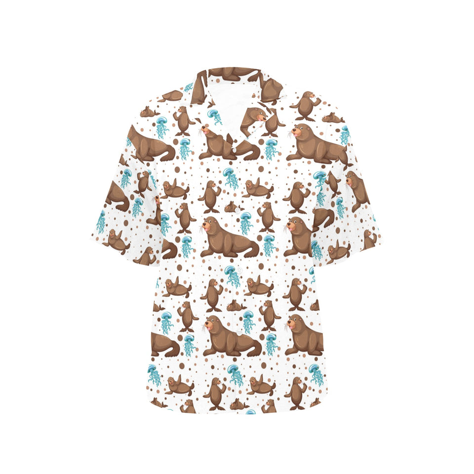 sea lion Seals jellyfish pattern Women's All Over Print Hawaiian Shirt