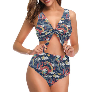 Blue red dragon cloud pattern Chest Bowknot High Waisted Bikini Swimsuit