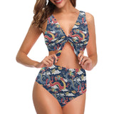 Blue red dragon cloud pattern Chest Bowknot High Waisted Bikini Swimsuit