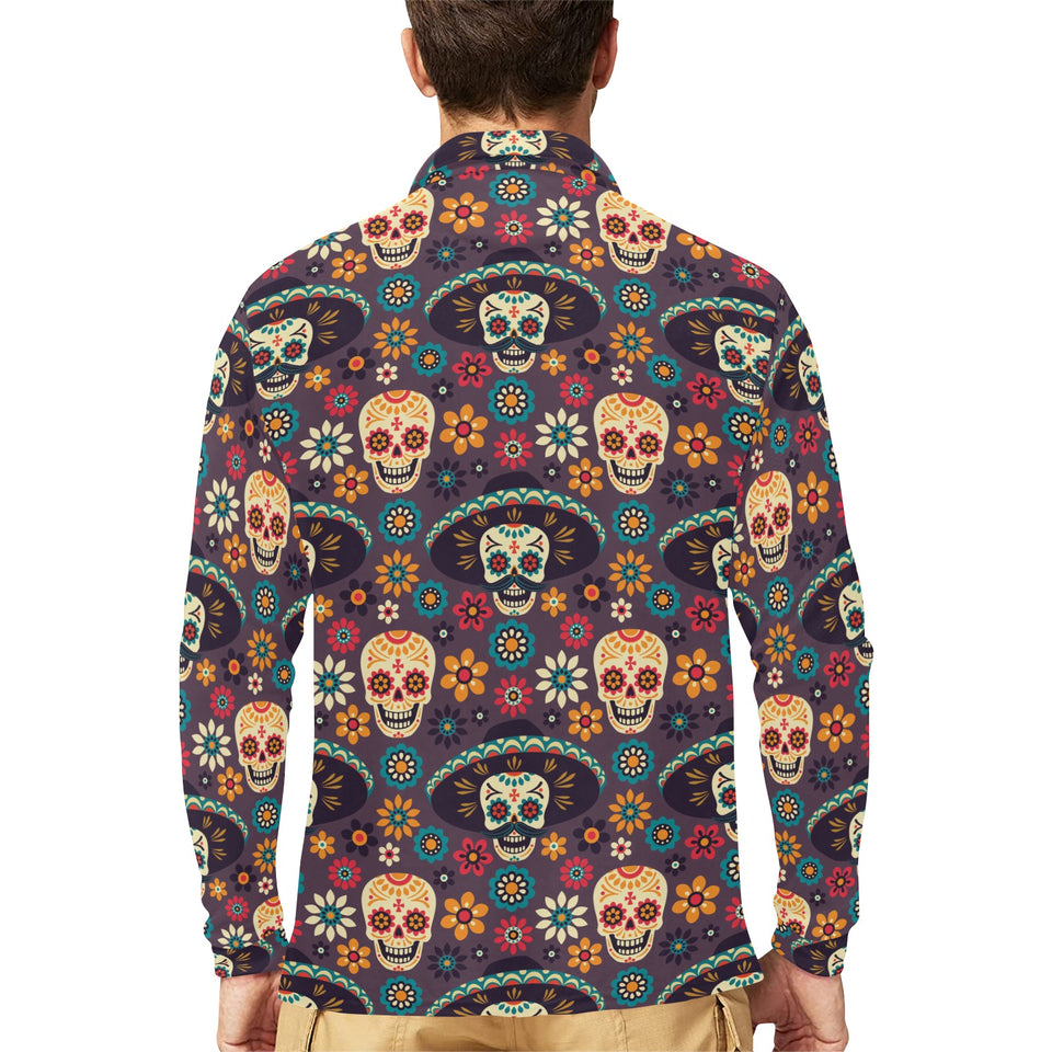 Sugar skulls flower maxican pattern Men's Long Sleeve Polo Shirt