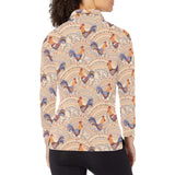 Cute rooster chicken cock floral ornament backgrou Women's Long Sleeve Polo Shirt