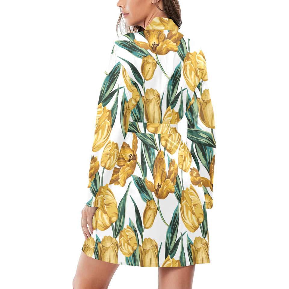 yellow tulips pattern Women's Long Sleeve Belted Night Robe