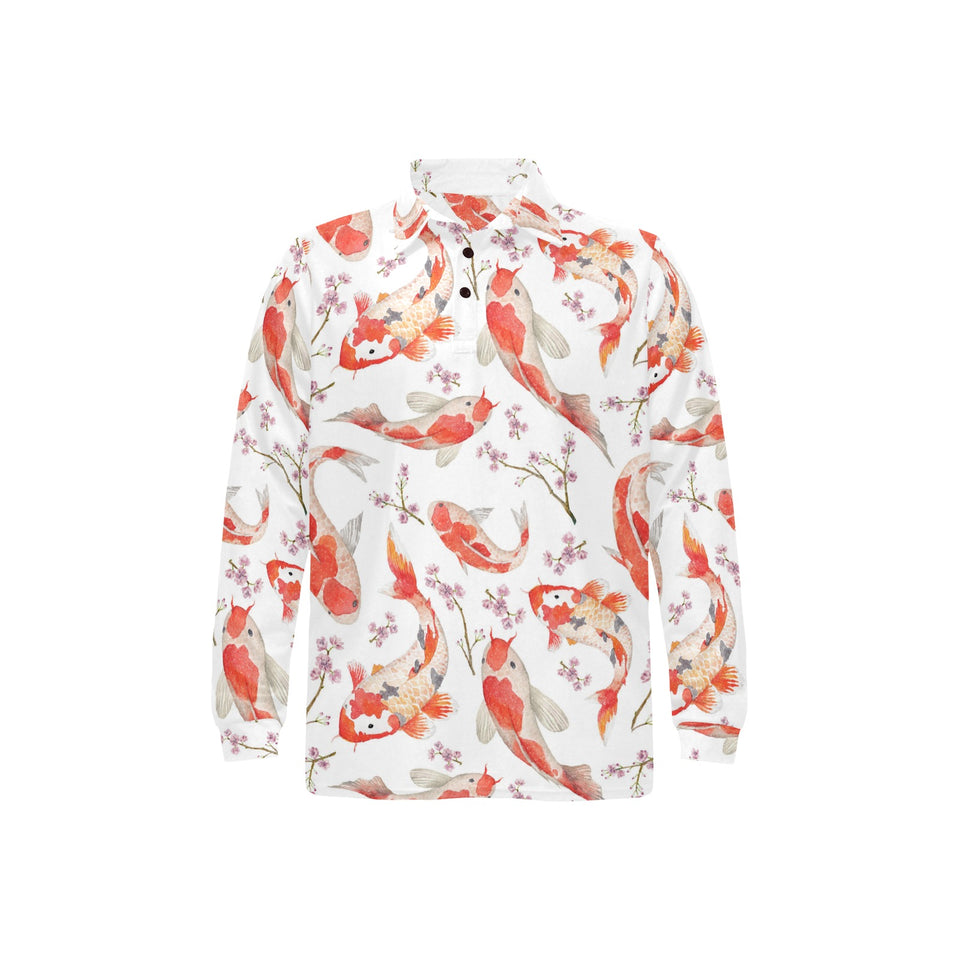 Watercolor Koi Fish Carp Fish pattern Men's Long Sleeve Polo Shirt