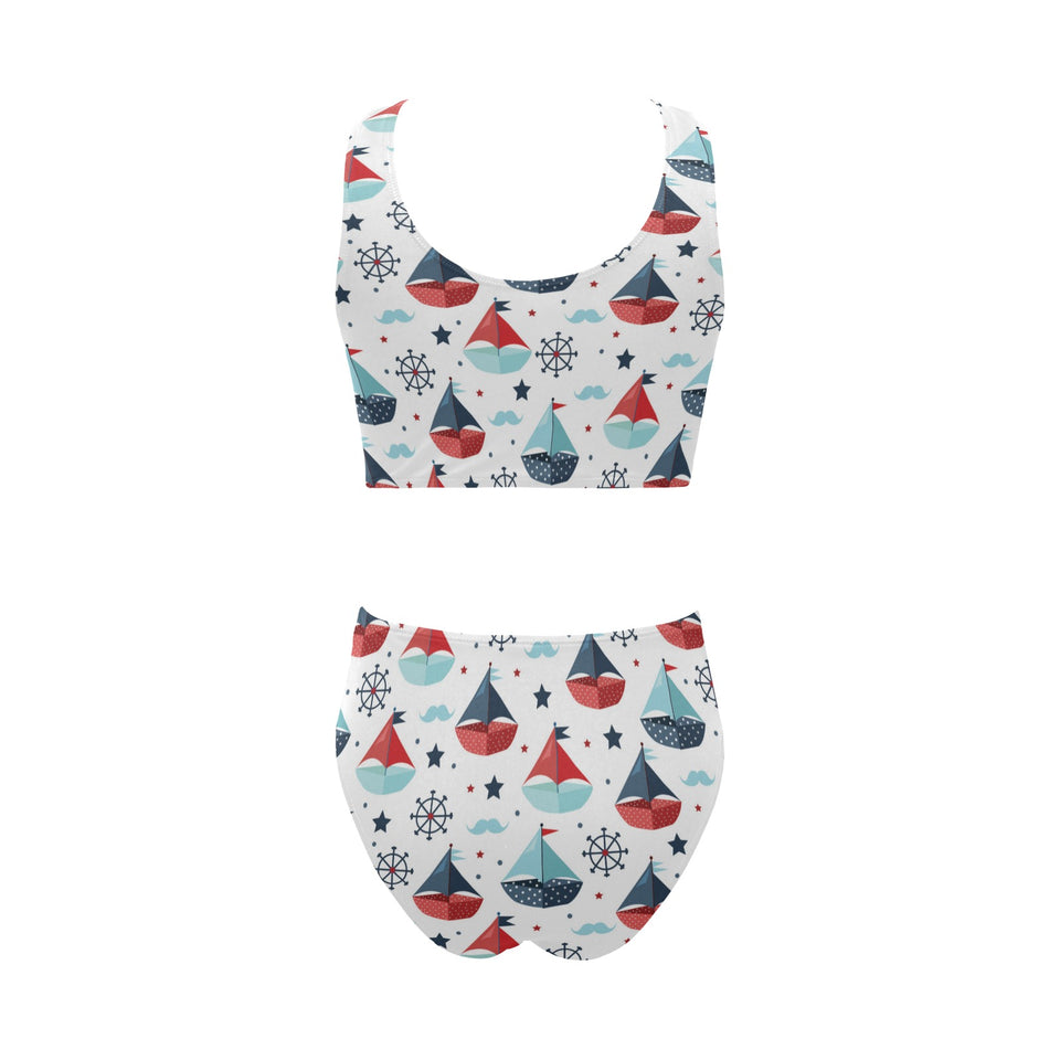 Cute color paper sailboat pattern Chest Bowknot High Waisted Bikini Swimsuit