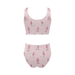 Poodle dog pink color theme Chest Bowknot High Waisted Bikini Swimsuit