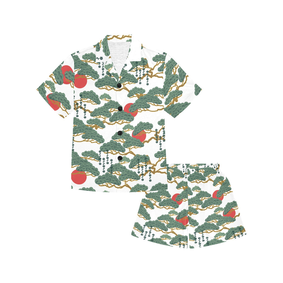 Bonsai red sun japanese pattern Kids' Boys' Girls' V-Neck Short Pajama Set