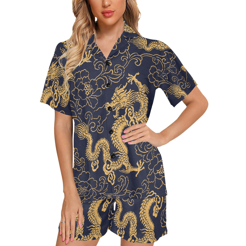 Gold dragon pattern Women's V-Neck Short Pajama Set