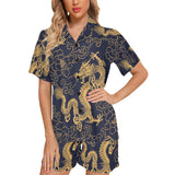 Gold dragon pattern Women's V-Neck Short Pajama Set