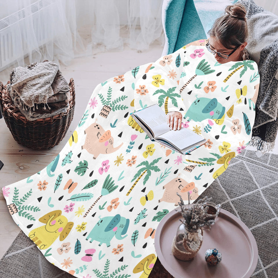 Cute elephants palm tree flower butterfly pattern Blanket Robe with Sleeves