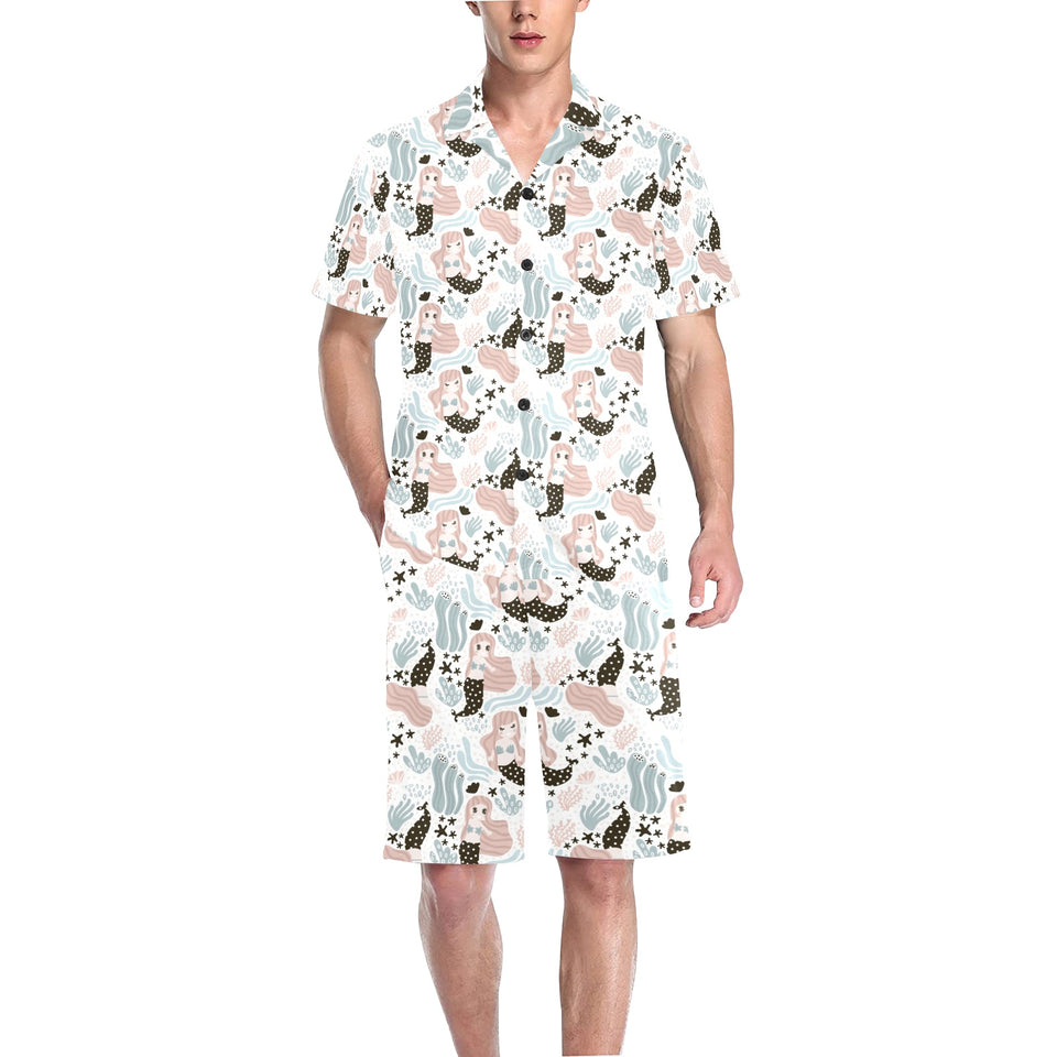 cute mermaid pattern Men's V-Neck Short Pajama Set