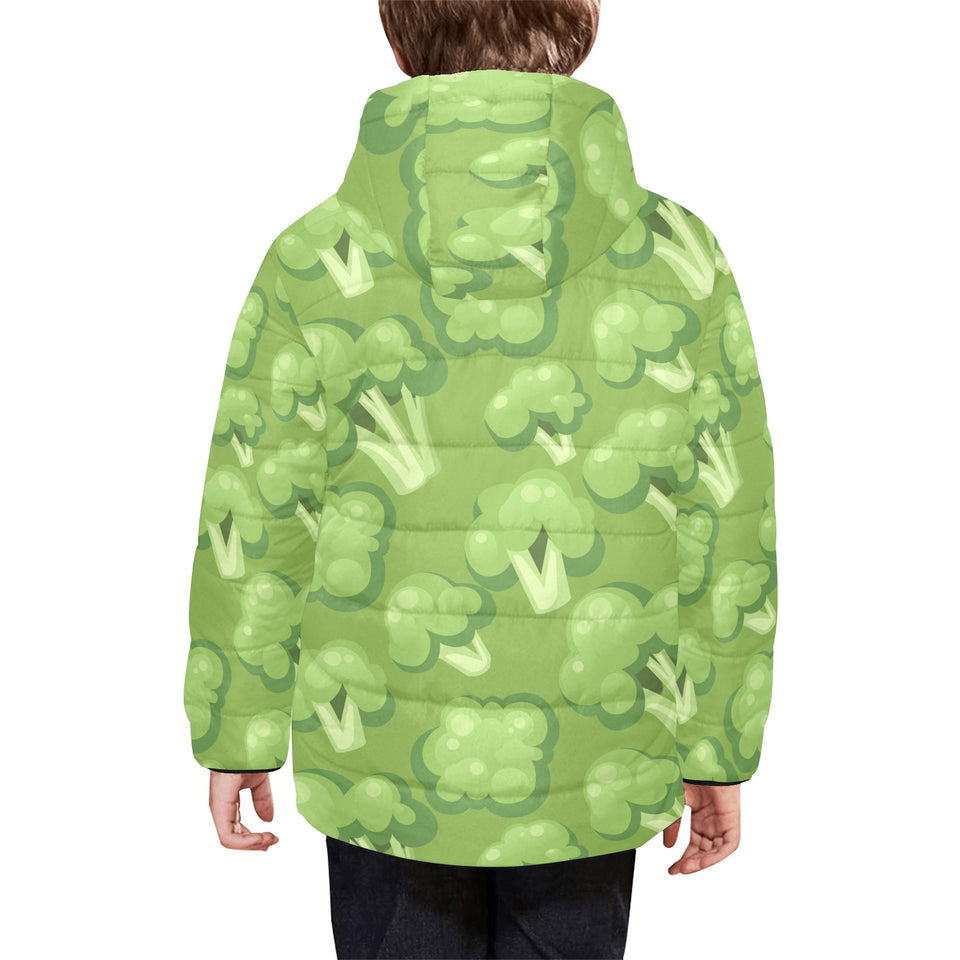 Broccoli pattern green background Kids' Boys' Girls' Padded Hooded Jacket
