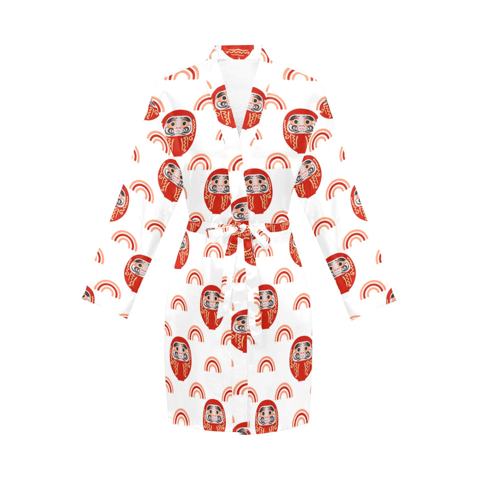 Daruma japanese wooden doll design pattern Women's Long Sleeve Belted Night Robe