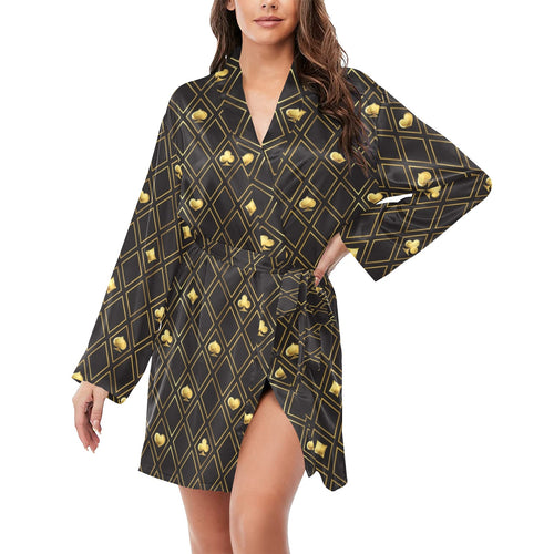Casino Cards Suits Pattern Print Design 01 Women's Long Sleeve Belted Night Robe
