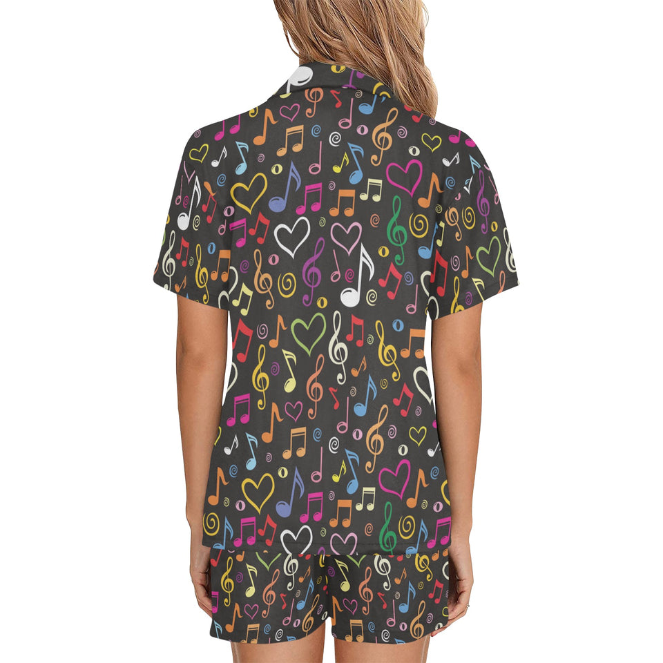 Music Notes Pattern Print Design 02 Women's V-Neck Short Pajama Set