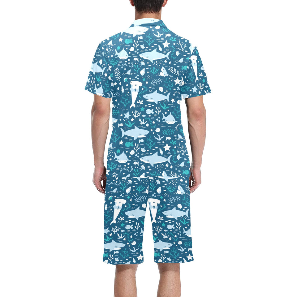 Cute shark pattern Men's V-Neck Short Pajama Set