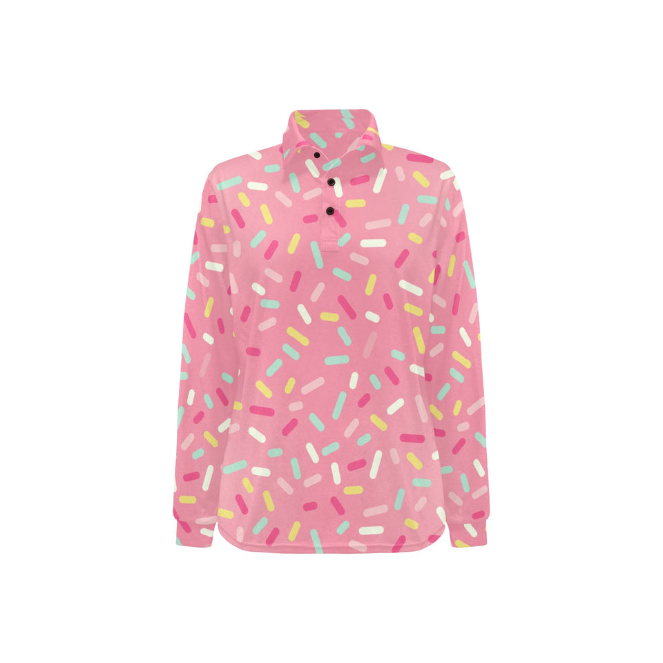 Pink donut glaze candy pattern Women's Long Sleeve Polo Shirt